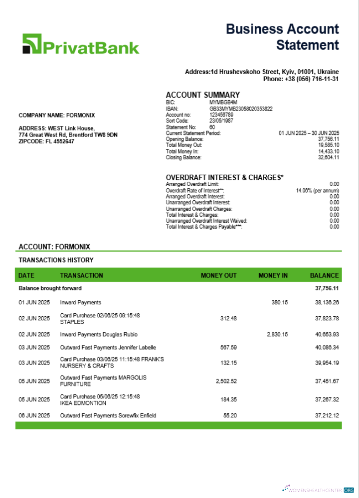 Download Ukraine Privatbank enterprise account statement Word and PDF template Photoshop template